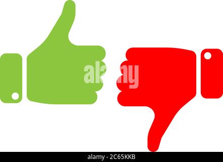 Vote thumbs up icon in red and green . Make a choice, yes or no, love it or hate it, like or dislike win or loss. Vector illustration. Stock Vector