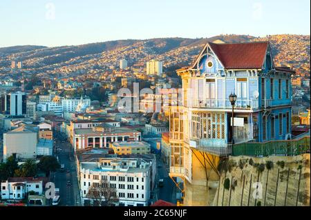 Cityscape of hills and downtown of Valparaiso, Valparaiso Region, Chile, South America Stock Photo