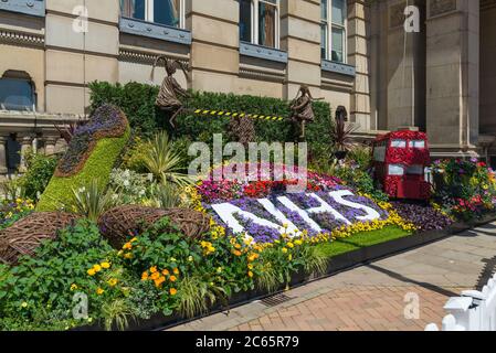 Flower display in Birmingham saying thank-you NHS which used plants destined for the Chelsea Flower Show by Birmingham Parks Department Stock Photo