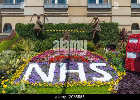 Flower display in Birmingham saying thank-you NHS which used plants destined for the Chelsea Flower Show by Birmingham Parks Department Stock Photo