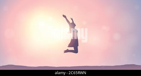 happy girl with raised arms jumps at sunshine vector illustration EPS10 Stock Vector