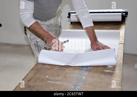 Handwerker (Maler) bei Tapezierarbeiten Stock Photo