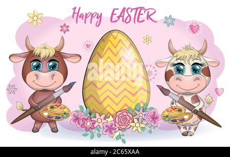 Cute cartoon cow, a bull with an Easter egg, next to a basket of eggs, symbol 2021 on the eastern calendar. Stock Vector