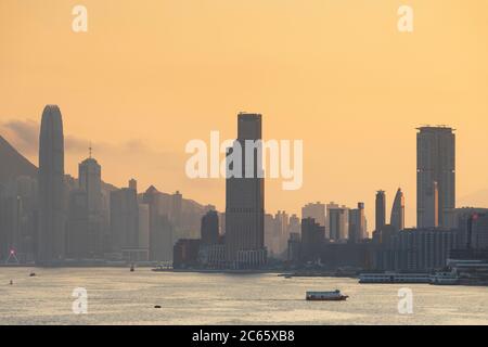 Hong Kong Island and Tsim Sha Shui skyline at sunset, Hong Kong Stock Photo