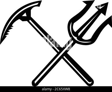 Black and white mascot icon illustration of a crossed trident and climbing ice axe symbolizing land and sea emergency rescue on isolated white backgro Stock Vector