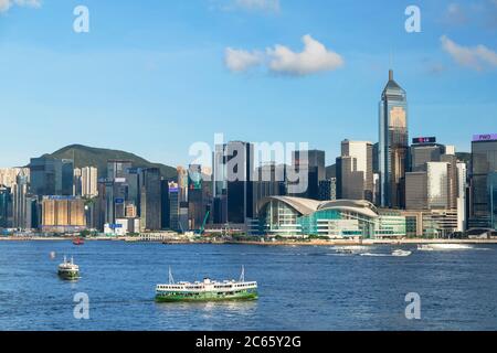 Skyline of Wan Chai on Hong Kong Island and Star Ferry, Hong Kong Stock Photo