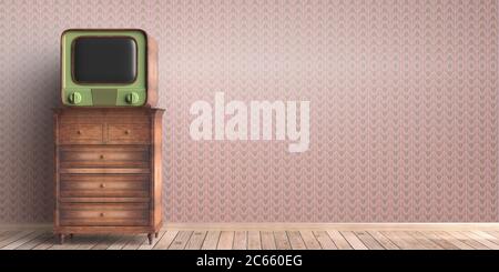 Home living room interior, Vintage TV on a  wooden drawer chest.. Art deco style wallpaper and wooden floor background, copy space, template. 3d illus Stock Photo