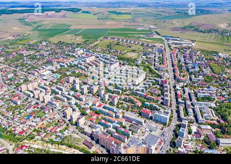 Above view of summer city in Romania, aerial landscape of Piatra Neamt Stock Photo