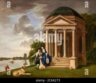 David Garrick (1717-1779), English Actor, Playwright, Theatre Manager, and his wife Eva Marie Veigel (1724-1822), by his Temple to Shakespeare, Hampton, portrait painting by Johan Joseph Zoffany , circa 1762