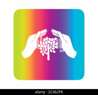 Flat vector icon tree and hands on neon background - environment Stock Vector