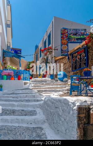House facade, stairs, tavern, Mastichari, island Kos, Greece, Europe Stock Photo