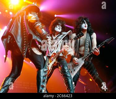 Gene Simmons, Tommy Thayer and Paul Stanley perform with KISS at the Hard Rock Live Arena in Hollywood, Florida. Stock Photo