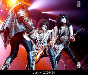 Gene Simmons, Tommy Thayer and Paul Stanley perform with KISS at the Hard Rock Live Arena in Hollywood, Florida. Stock Photo