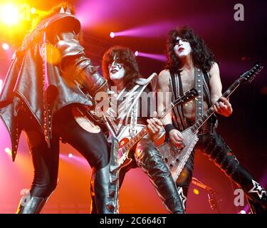 Gene Simmons, Tommy Thayer and Paul Stanley perform with KISS at the Hard Rock Live Arena in Hollywood, Florida. Stock Photo