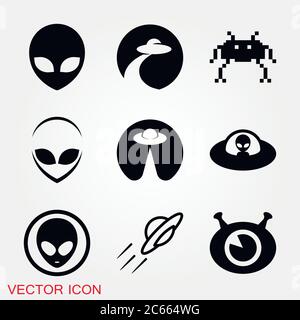 UFO alien saucer - unidentified flying object line art vector icon Stock Vector