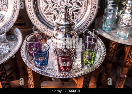Tea glasses with teapot on a silver tray in Marrakech, Morocco