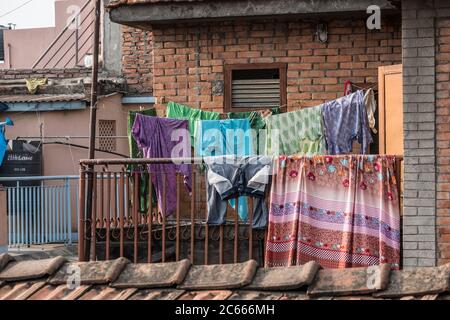 Laundry on a balcony in Swayambhunath near Kathmandu in Nepal Stock Photo
