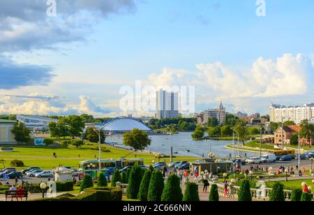 MINSK, BELARUS - JULY 17, 2019: View of Minsk city center with lake, road and crowd of people. Minsk - capital of Belarus Stock Photo