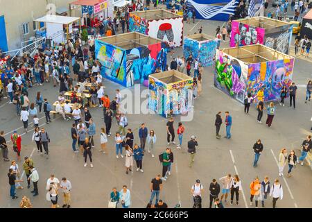 KIEV, UKRAINE - SEPT 14, 2019: Crowd of people at street contemporary art festival, aerial view. Stock Photo