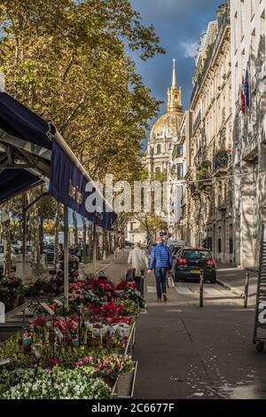 Street overlooking the Dôme des Invalides and a flower shop in Paris, France Stock Photo