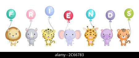 Group of cute animals. Cartoon animals stand and hold balloons in their hands. World animals day. Happy friendship day. Set of characters Stock Vector