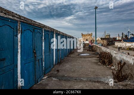 Blue doors at the fishing houses in Essaouira Stock Photo