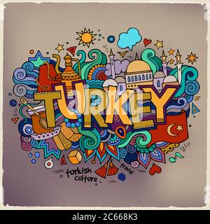 Turkey hand lettering and doodles elements background. Vector il Stock Vector