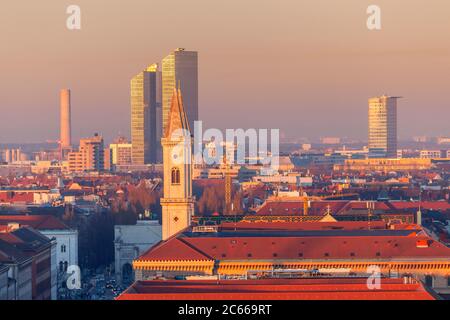 Looking north over Munich's old town to the Highlight Towers, Munich, Upper Bavaria, Bavaria, Southern Germany, Germany, Europe Stock Photo