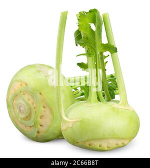 Green Kohlrabi isolated on white, Kohlrabi clipping path Stock Photo