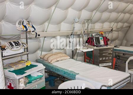 first aid tent of field hospital, mobile medical unit of Italian red cross exposed during Fiera di San Rocco, on November 6, 2011 in Faenza, RA, Italy Stock Photo