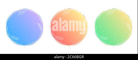 Set round nature banners with copy space. Blue orange green backdrop. Web vector template. Organic natural shape Light banner. Fresh color eco emblem blank. Bright flat circle with white twig branch. Stock Vector