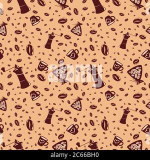 Seamless pattern of coffee beans, cups, coffee grinder. Stock Vector