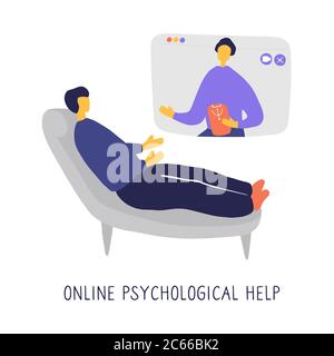 Online psychotherapy practice. Remote psychological help, psychiatrist consulting patient. Mental health care and treatment. Hand drawn vector Stock Vector