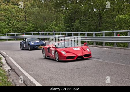 sports car Ferrari Enzo in Tribute to Mille Miglia, the historic italian race, on May 18, 2013 in Passo della Futa (FI) Italy Stock Photo