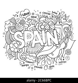 Spain country hand lettering and doodles elements Stock Vector