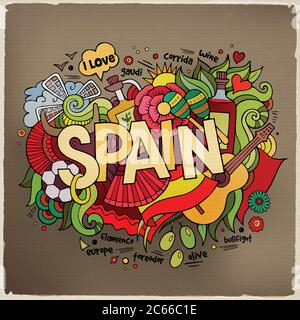 Spain hand lettering and doodles elements background Stock Vector