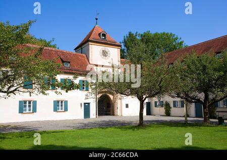 Munich, Blutenburg Castle, courtyard, gate tower, former hunting lodge, older main castle and outer bailey dating back to the 15th and 16th century Stock Photo