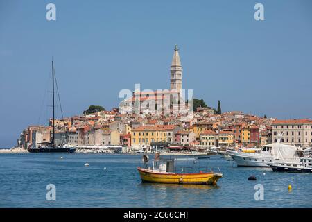 View across the harbour, old town with the Church of Saint Euphemia, Rovinj, Istria, Croatia Stock Photo