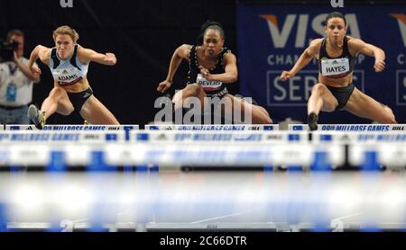 New York, United States. 03rd Feb, 2006. Jenny Adams, Gail Devers and Joanna Hayes compete in the women's 60-meter hurdles in the 99th Millrose Games at Madison Square Garden in New York City, N.Y. on Friday, February 3, 2006. Hayes won in 7.93. Adams was second in 8.05 and Devers, running in her first race the birth to daughter Karsen Anise on June 20, was fourth at 8.13. Photo via Credit: Newscom/Alamy Live News