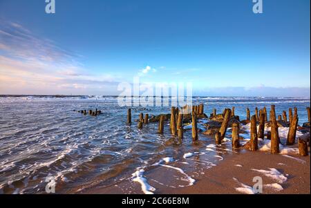 Germany, Sylt, Westerland, North Sea, beach, groynes, winter mood Stock Photo