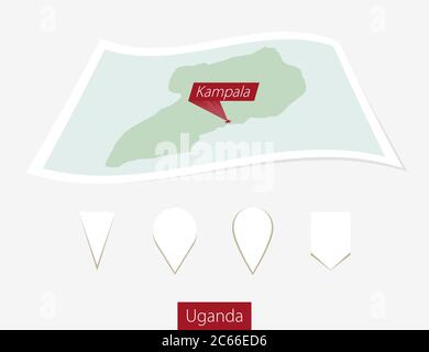 Curved paper map of Uganda with capital Kampala on Gray Background. Four different Map pin set. Vector Illustration. Stock Vector