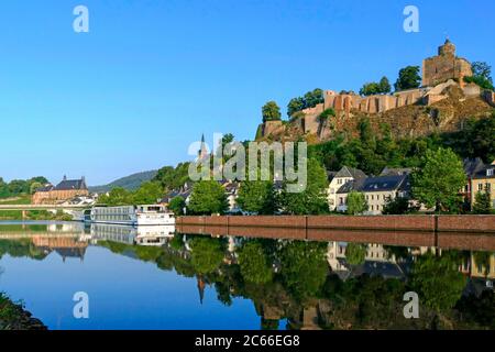 Landing stage in the Staden Lower Town, Protestant church, castle ruins and Parish Church of Saint Lawrence, Saarburg an der Saar, Rhineland-Palatinate, Germany Stock Photo