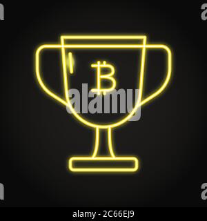 Bitcoin block reward icon in neon style. Cryptocurrency concept. Winning trophy with B symbol. Vector illustration. Stock Vector