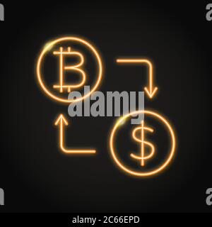Dollar and bitcoin exchange icon in neon style. Cryptocurrency financial concept symbol. Vector illustration. Stock Vector