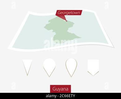 Curved paper map of Guyana with capital Georgetown on Gray Background. Four different Map pin set. Vector Illustration. Stock Vector