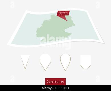 Curved paper map of Germany with capital Berlin on Gray Background. Four different Map pin set. Vector Illustration. Stock Vector