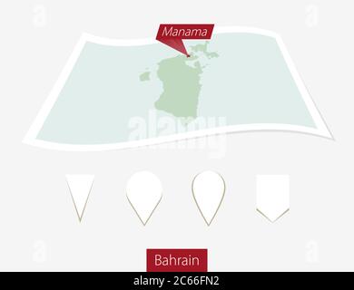 Curved paper map of Bahrain with capital Manama on Gray Background. Four different Map pin set. Vector Illustration. Stock Vector