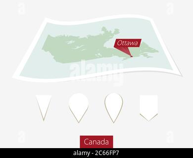 Curved paper map of Canada with capital Ottawa on Gray Background. Four different Map pin set. Vector Illustration. Stock Vector