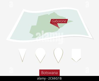 Curved paper map of Botswana with capital Gaborone on Gray Background. Four different Map pin set. Vector Illustration. Stock Vector
