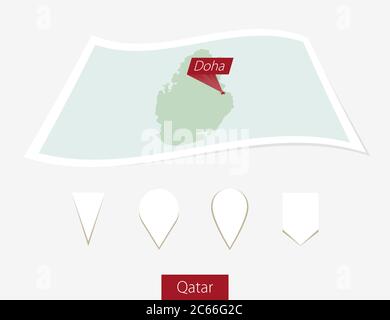 Curved paper map of Qatar with capital Doha on Gray Background. Four different Map pin set. Vector Illustration. Stock Vector